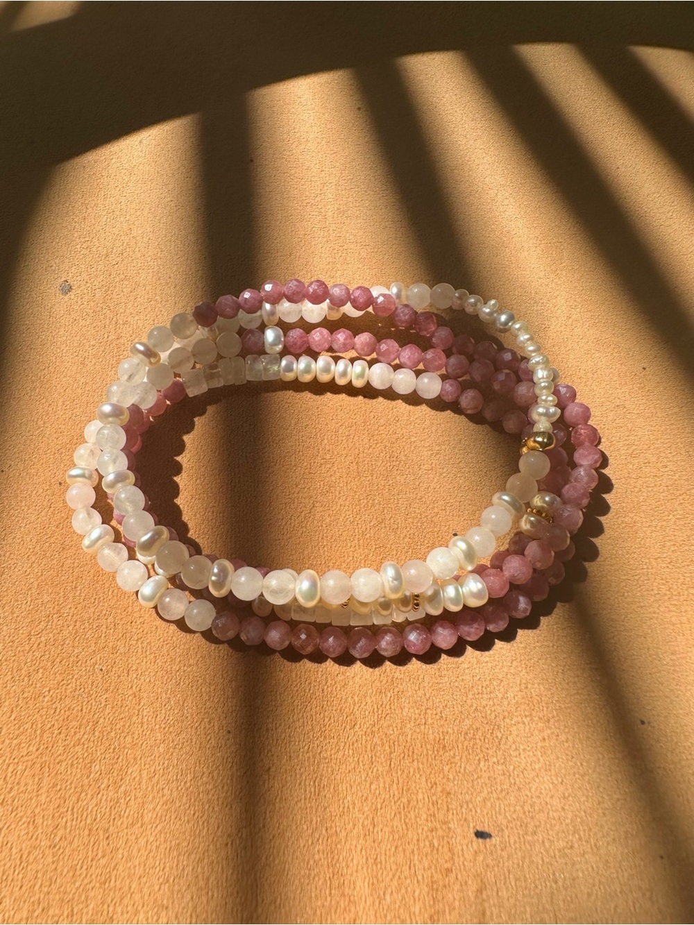 Pink Ruby, Moonstone and Bali Pearl White Beaded Wrap Bracelet with Gold Accents